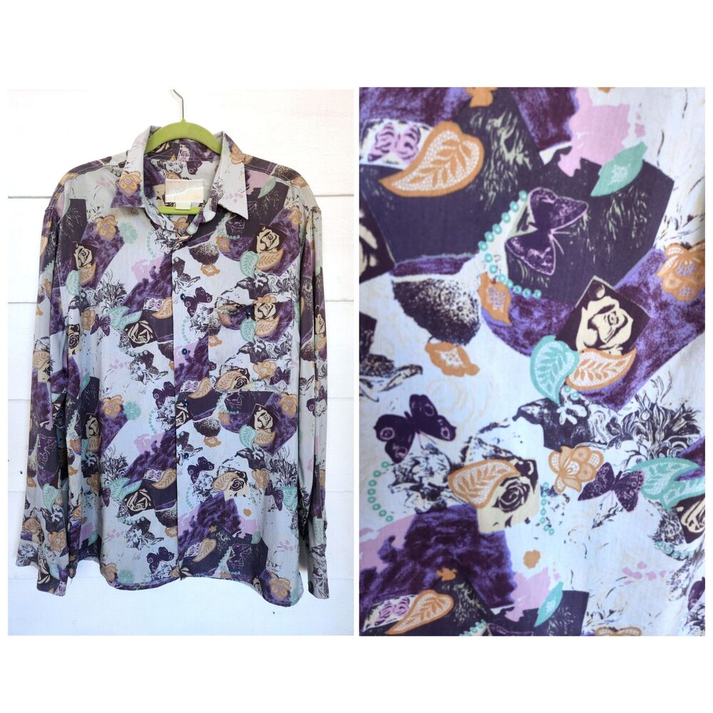 Men’s Colorful Flowers and Butterfly Shirt Eclectic Button Down Italy XL